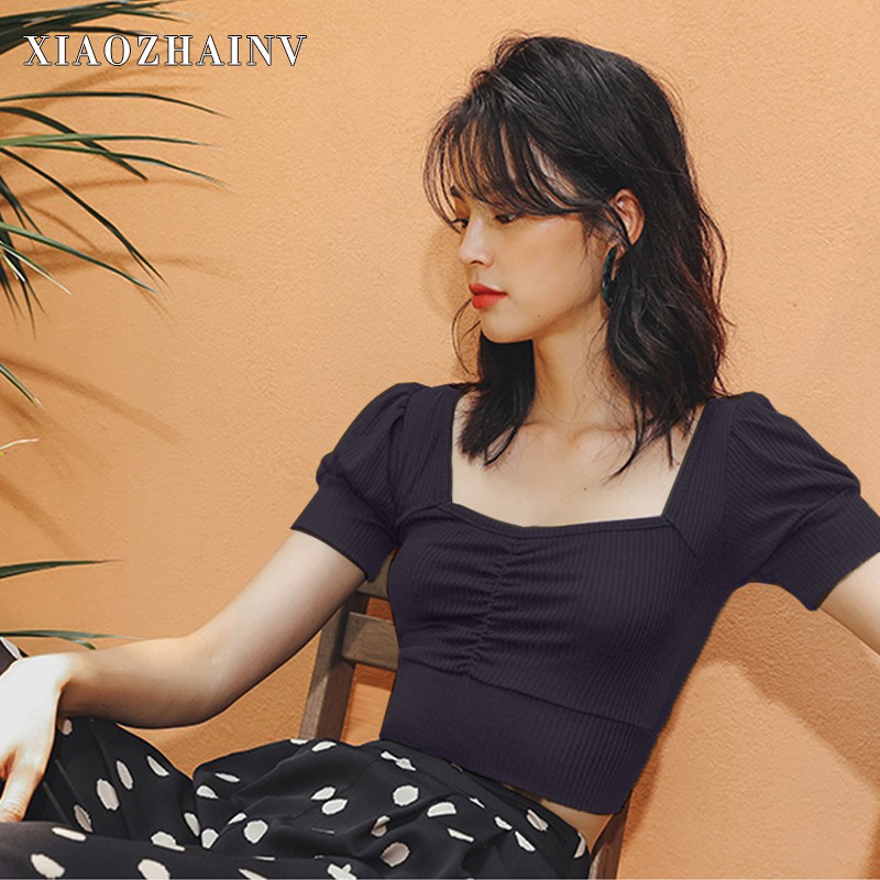 Xiaozhainv Áo thun cổ chữ V tay ngắn màu trơn phong cách Hàn Quốc xinh xắn cho nữ | BigBuy360 - bigbuy360.vn