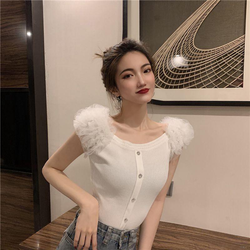 Áo thun tay ngắn phối ren hoa thiết kế ôm sát tôn dáng cho phái nữ