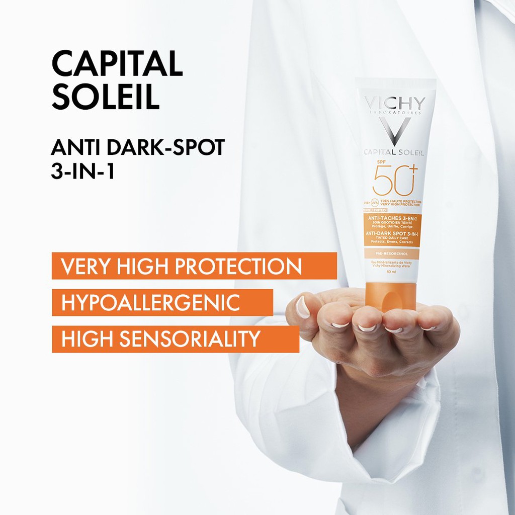 Kem chống nắng Vichy capital soleil SPF 50 anti-dark spot 3-in-1 50ml có màu che khuyết điểm, giảm thâm nám và dưỡng da