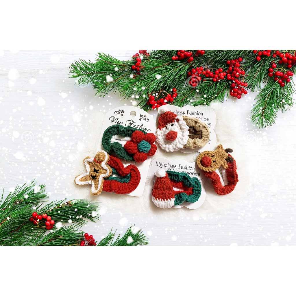 Set kẹp tóc hình Noel móc len , hàng Hanmade siêu xinh, dễ thương cho bé
