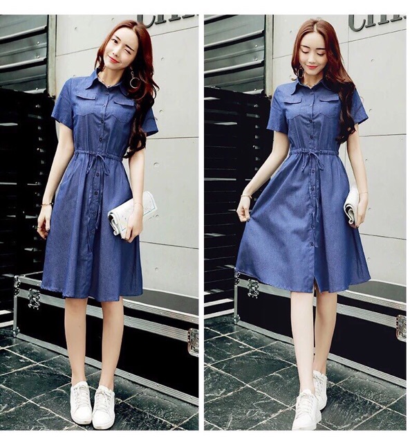 Đầm jean xoè eo dây rút