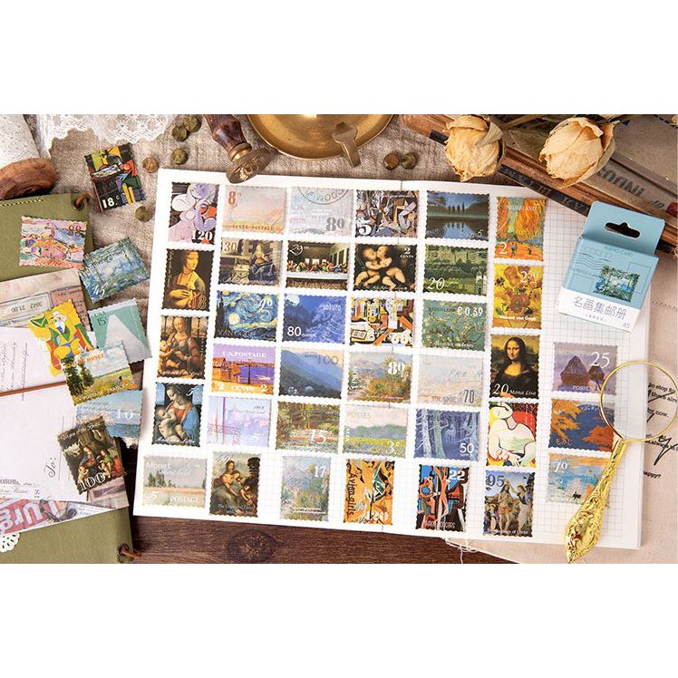 Bộ 45 Sticker Hàn Quốc Thư Tem tranh nghệ thuật dễ thương dán trang trí E96