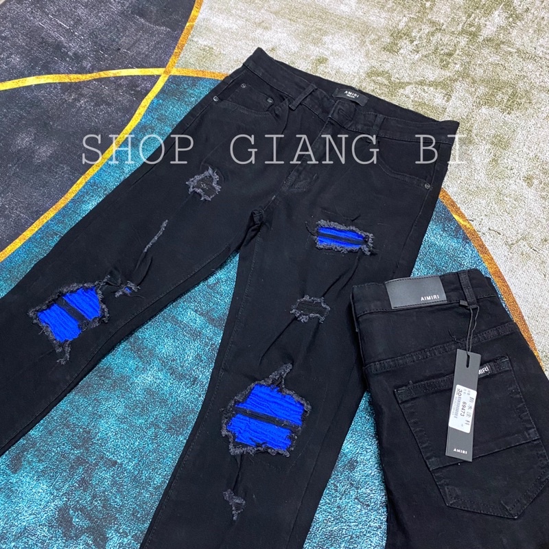 Quần jean vá nhăn xanh khâu viền,quần bò vá gối nhăn amiri dáng slimfit