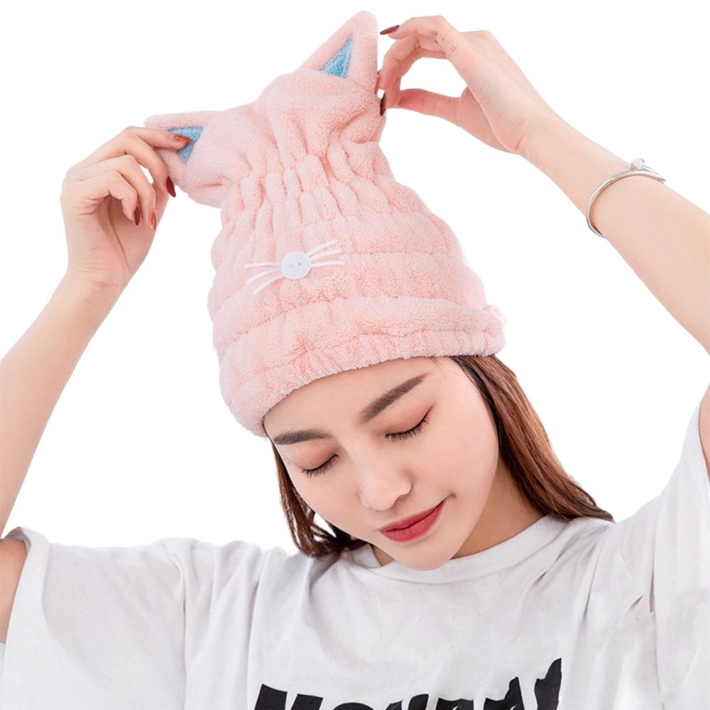 Khăn Tắm Trùm Đầu Thấm Hút Nước Làm Khô Tóc Hình Tai Mèo Bằng Sợi Micro