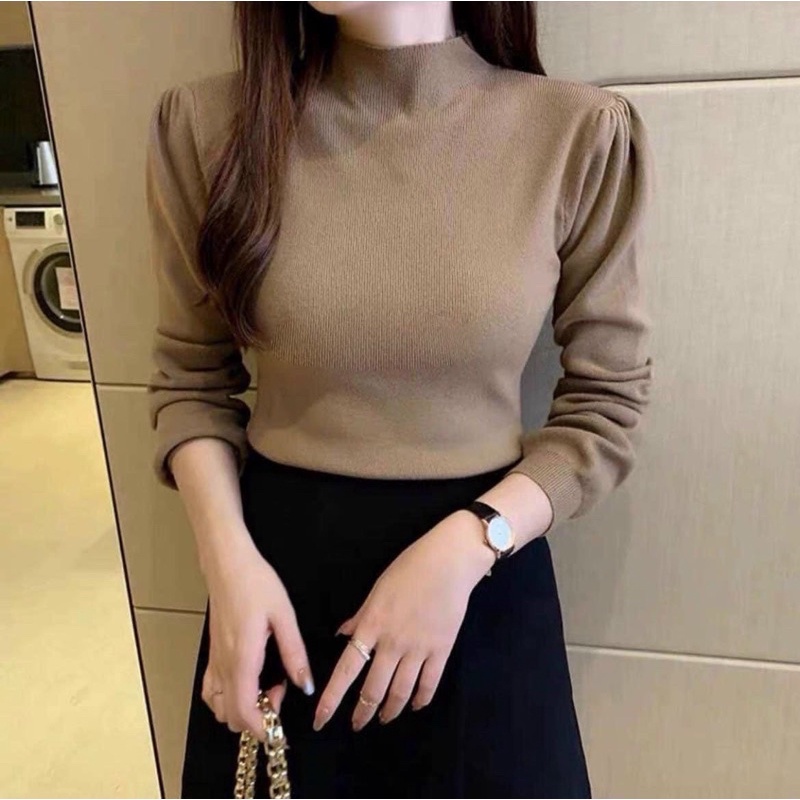 Áo thun gân len tay phồng cổ lọ nhiều màu , ÁO THUN TAY DÀI PHỒNG CỔ LỌ VẢI MỀM FORM CHUẨN
