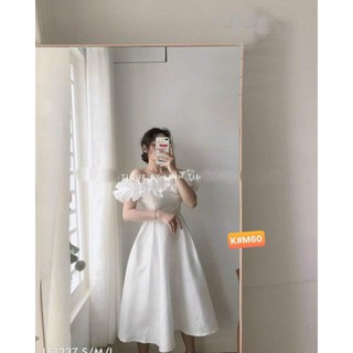 Đầm midi trắng xinh bẹt vai nhún bèo