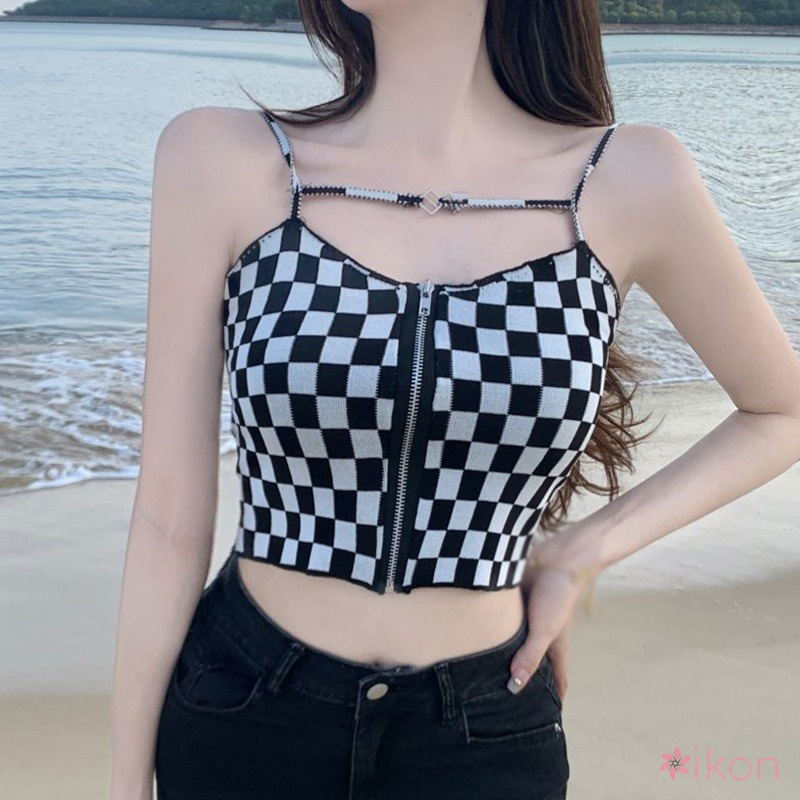Áo Croptop Dệt Kim Hoạ Tiết Kẻ Sọc Phối Khoá Kéo Thiết Kế Quyến Rũ