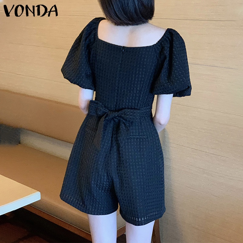 Áo liền quần VONDA tay ngắn phồng cổ vuông màu trơn phong cách Hàn Quốc thời trang mùa hè cho nữ