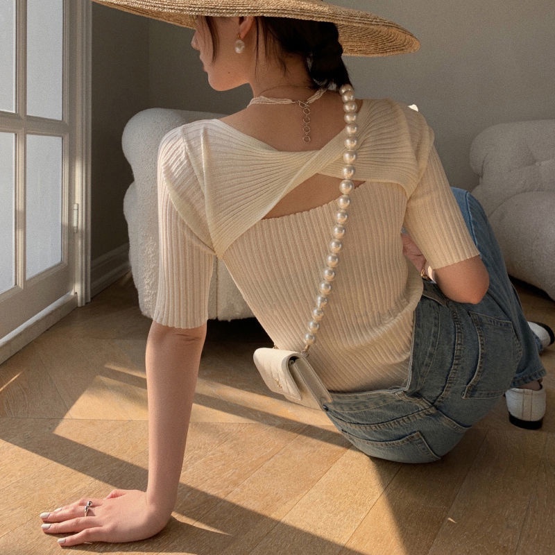 Áo Thun Dệt Kim Tay Ngắn Cổ Tròn Thiết Kế Đan Chéo Quyến Rũ