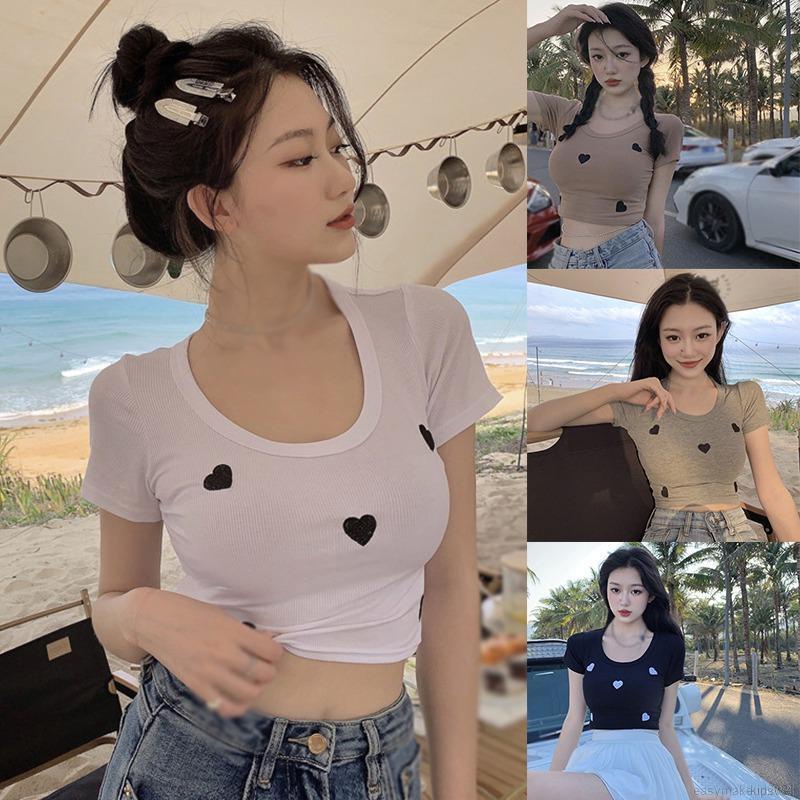 Áo Croptop Dệt Kim Tay Ngắn Cổ Tròn In Hình Trái Tim Phong Cách Hàn Quốc Quyến Rũ Cho Nữ | BigBuy360 - bigbuy360.vn