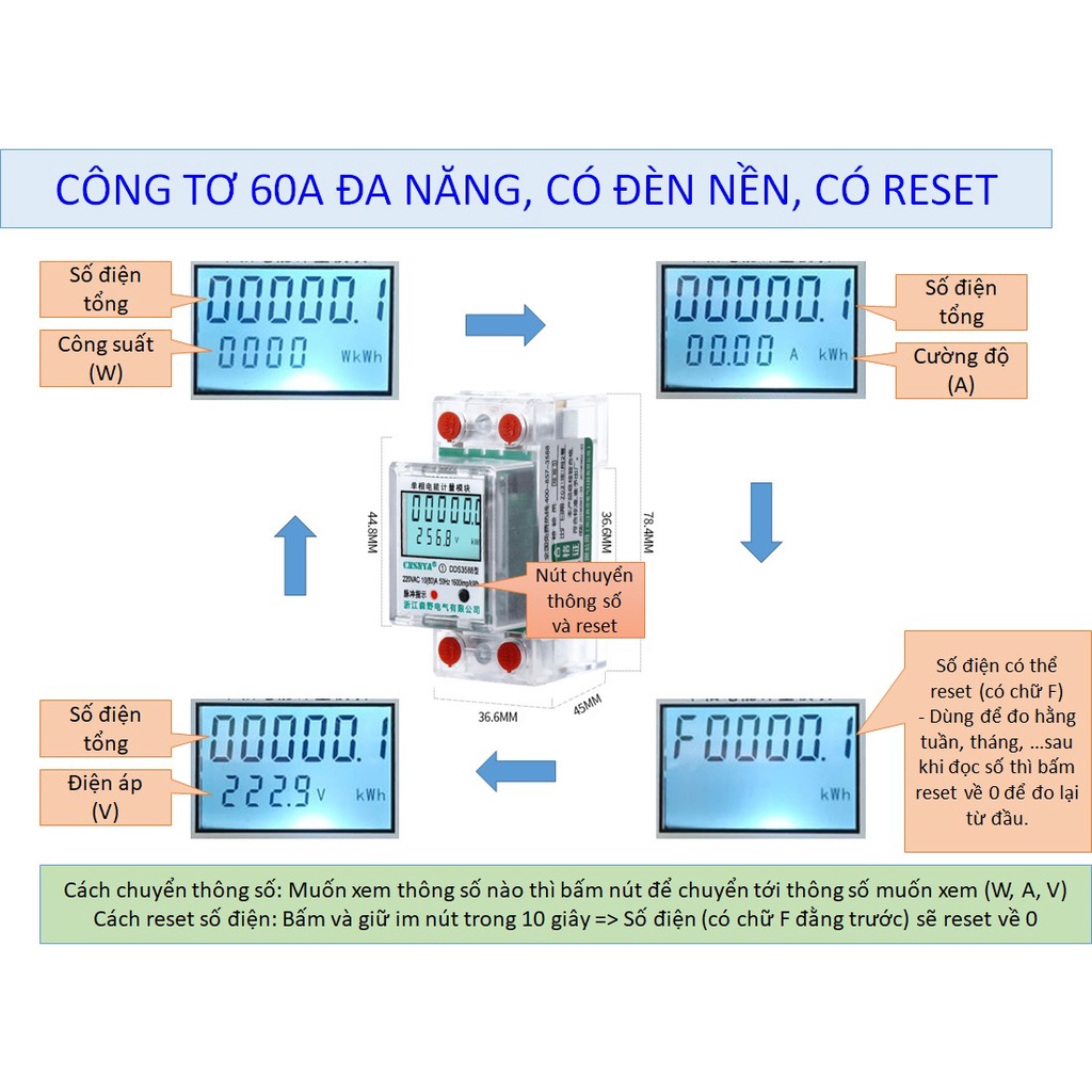 Công tơ điện tử đa năng 60A, đo công suất, điện áp, cường độ dòng điện