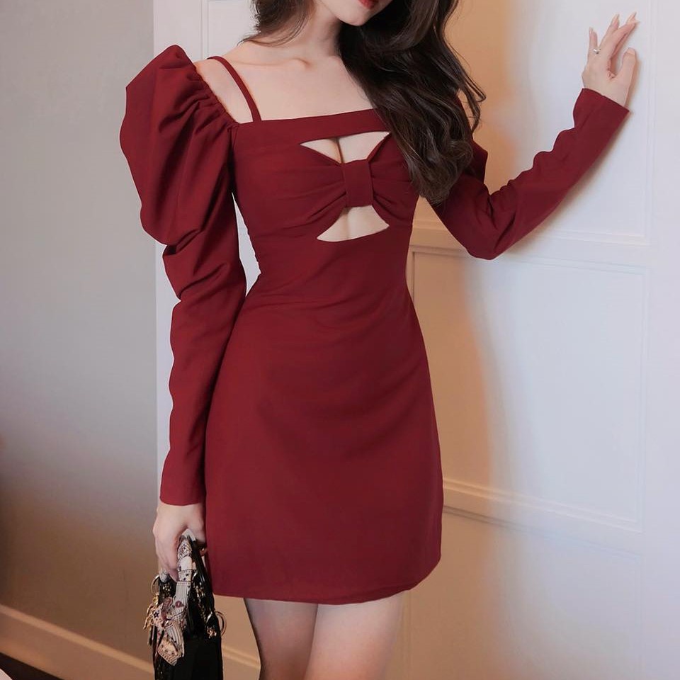 Đầm ôm body hai dây đính nơ ngực thiết kế đi tiệc sang trọng