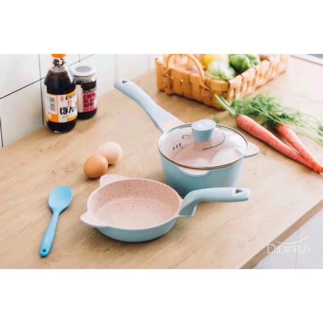 Bộ nồi và chảo đá Didinika tráng men chống dính size 16cm - tặng muỗng silicon