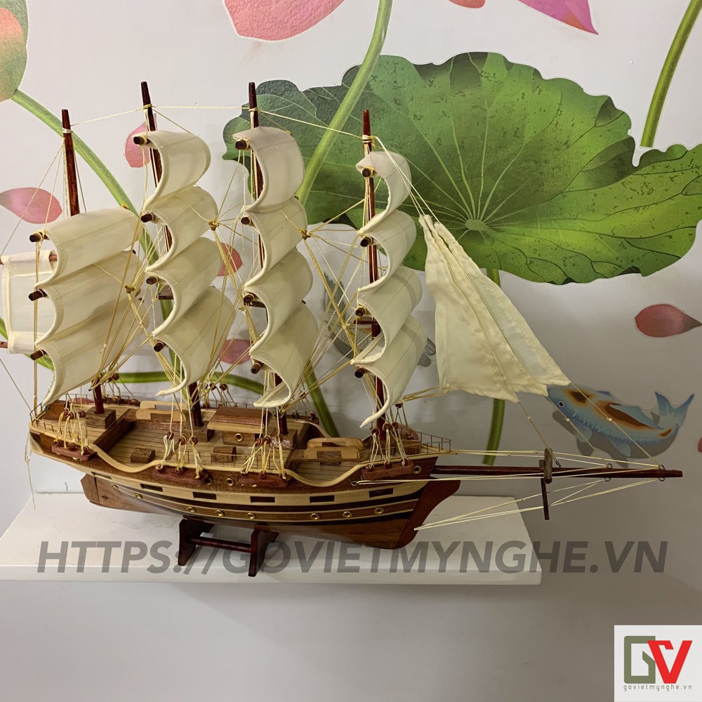 Mô hình tàu thuyền gỗ trang trí - thuyền gỗ France II của Pháp - Chiều dài thân tàu 40cm - Buồm vải trắng