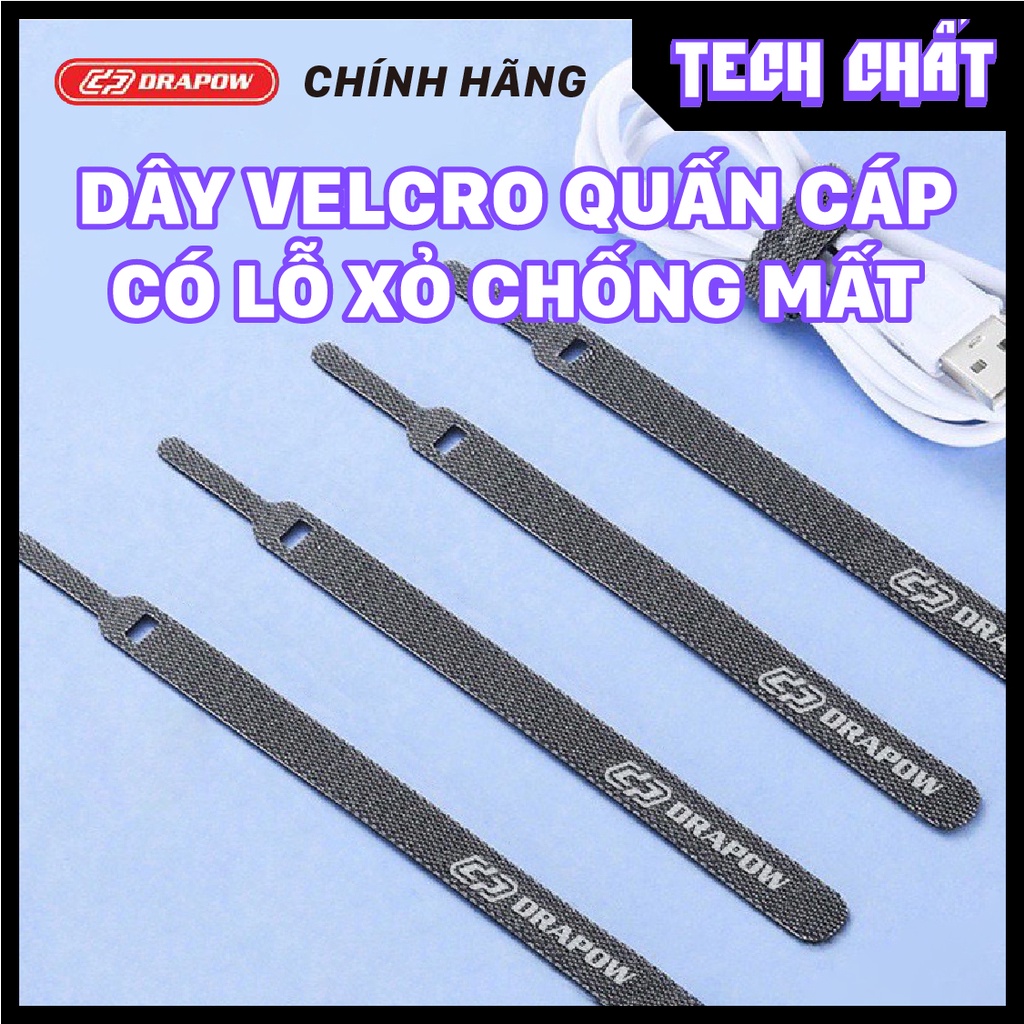 Băng gai quấn dây sạc điện thoại tai nghe CHÍNH HÃNG DRAPOW velcro có lỗ xỏ giữ chống mất gọn gàng tái sử dụng nhiều lần