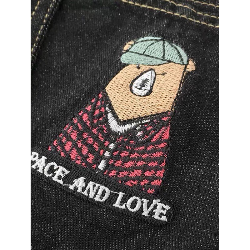 Yếm váy Jean viền chỉ nổi thêu hình Ulzzang