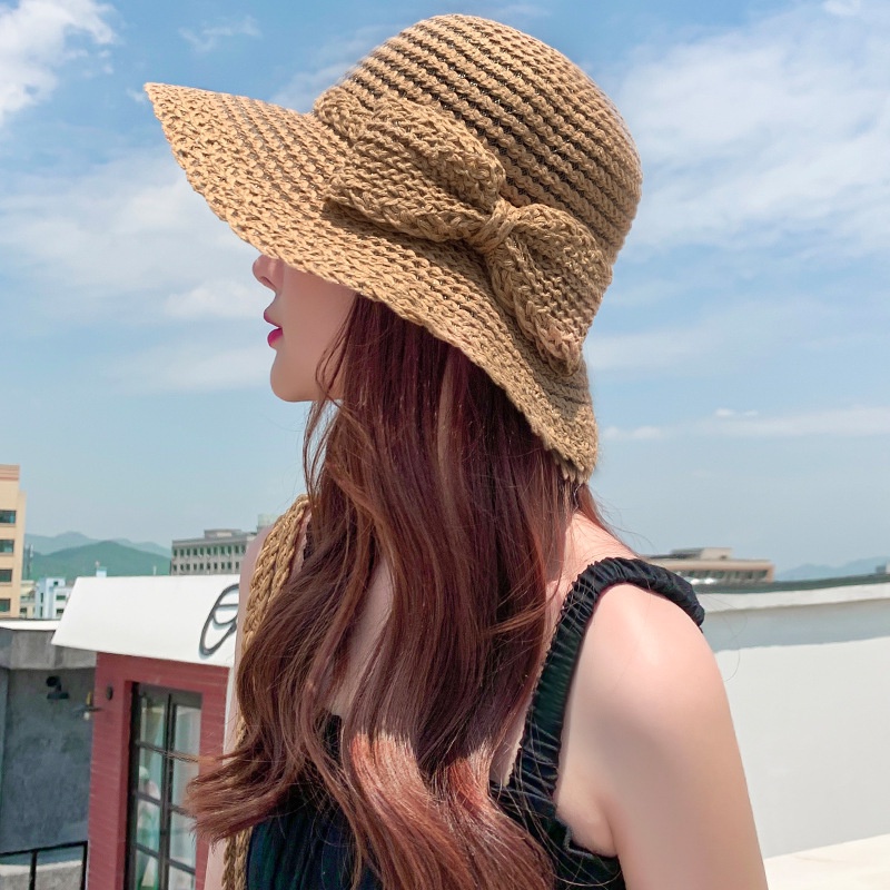 【FOX】 ✨ Mũ rơm thắt nơ kiểu mới Mũ chống nắng dành cho nữ Mũ che nắng ngoài trời Mũ đi biển mỏng thoáng khí Mũ đi biển rộng vành có thể gấp lại được Mũ che nắng có mái vòm cong✨