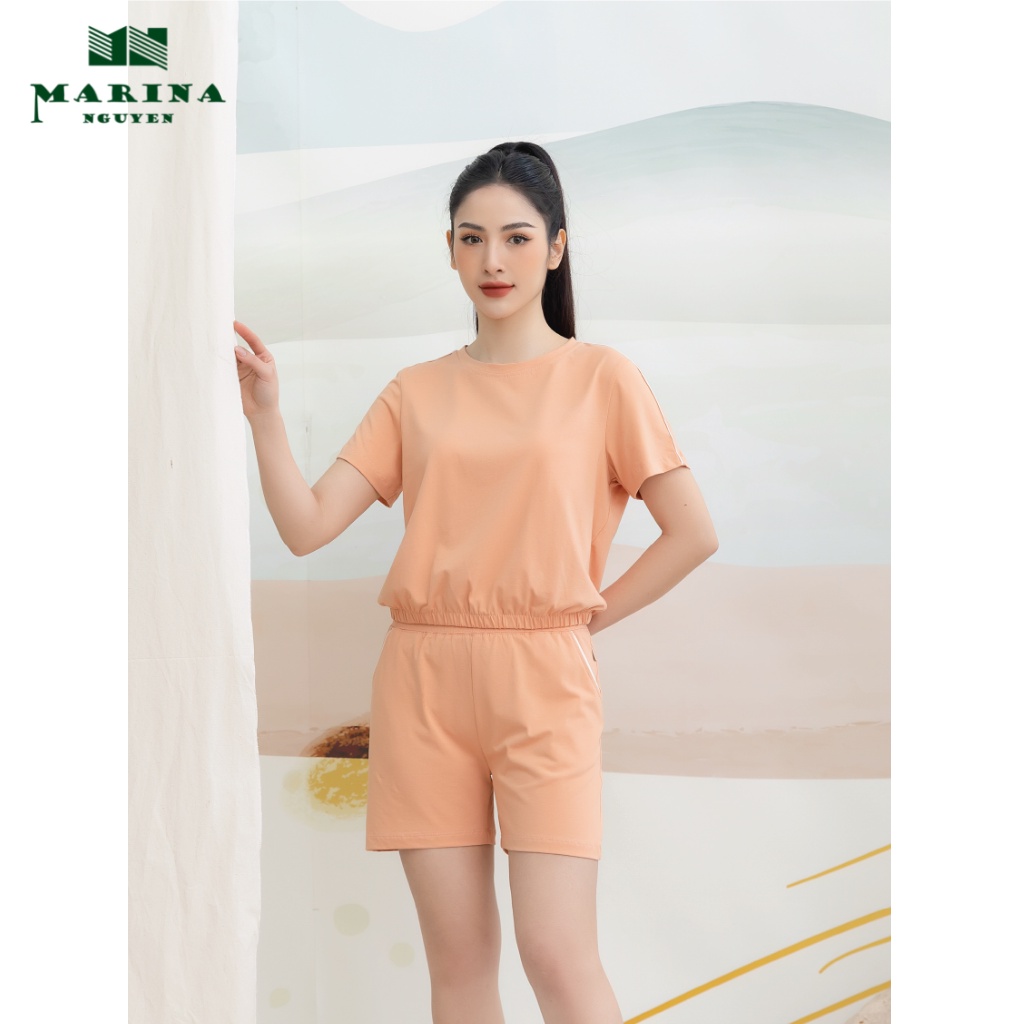Đồ Bộ Nữ Mặc Nhà MARINA NGUYỄN Cotton Cao Cấp, Thiết Kế Cổ Tròn, Tay Ngắn, Bo Chun Gấu Áo, Vải Thoáng Mát 322006