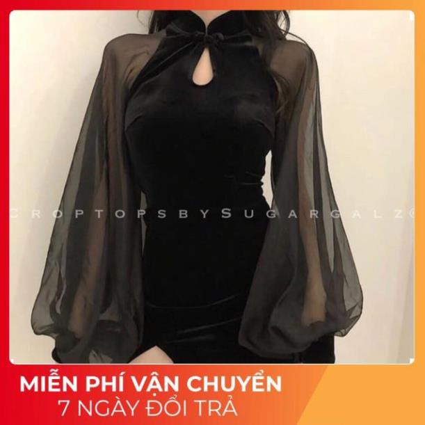 Váy đầm nhung cổ tàu giọt lệ tay voan trong - by SugarG - by Tinker