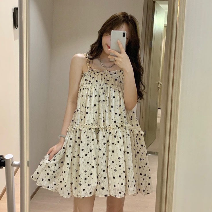 Đầm Nữ 2 Dây Hoa Nhí Đen Ngực Bèo 2 Dây Babydoll - Váy Nữ Dáng Ngắn Chất Voan