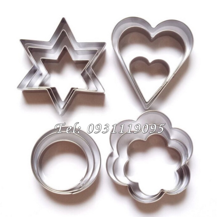Bộ 12 khuôn hình tim, hoa mai, ngôi sao và hình tròn làm bánh, Cutter, Fondant inox – Mã số 1256