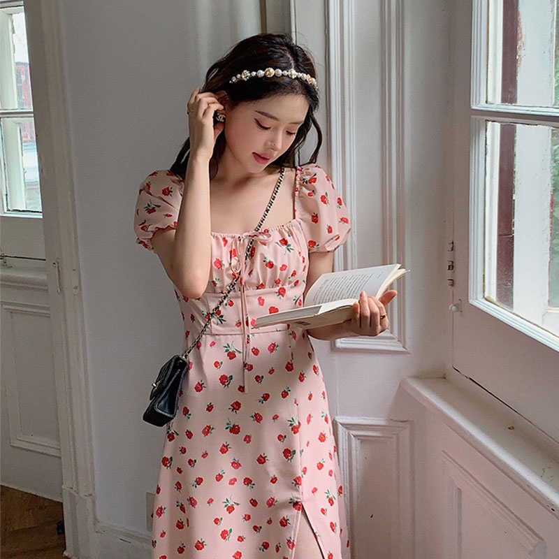 Đầm Tay Phồng Cổ Vuông Họa Tiết Hoa Xẻ Tà Phong Cách Hàn Quốc Thời Trang Mùa Hè Cho Nữ
