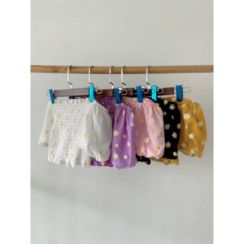 Áo Croptop Trễ Vai Hoa Nhí Phối Tay Voan Lưới Siêu Xinh F7-2