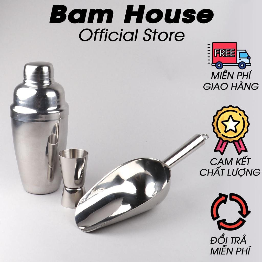 Combo bình lắc, dụng cụ xúc đá và ly đong định lượng inox Bam House sáng bóng cao cấp BLX01 – Gia dụng bếp