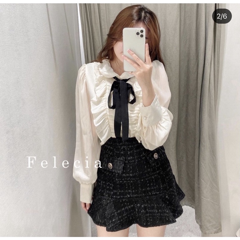 Set áo sơ mi cổ sen phối dây nơ kèm chân váy xám lai bèo
