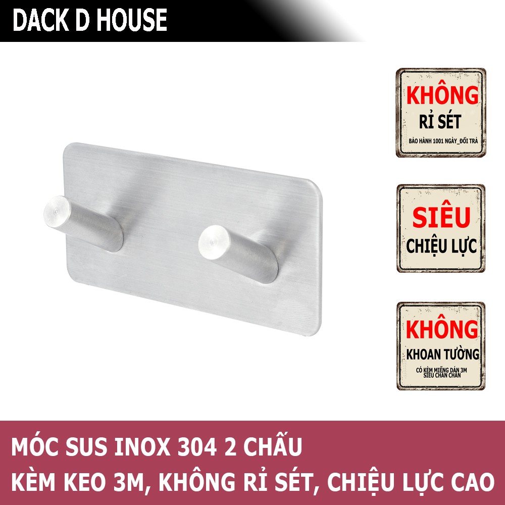 Móc dán tường 2 chấu inox SUS 304 không rỉ sét kèm keo dán 3M DACK D HOUSE