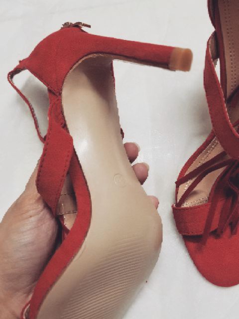Giày sandal cao gót BIGTREE chính hãng chiến binh da lộn đỏ, xám, hồng tua rua 9cm size 36 37 38 39