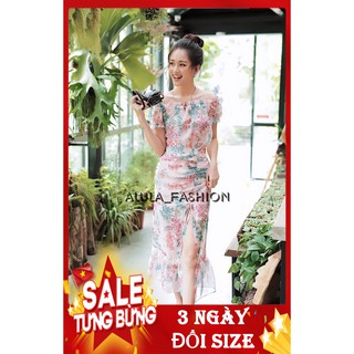 Váy Maxi Voan Hoa Xẻ Đùi Trễ Vai -Váy Thiết Kế Cao Cấp Alula