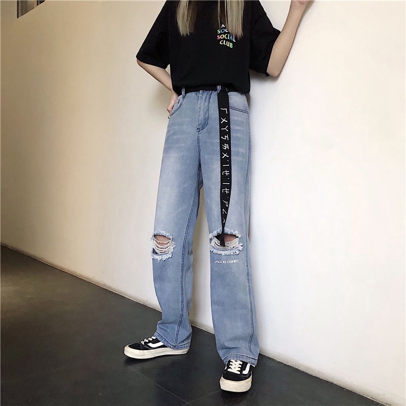 [Miễn Phí Vận Chuyển] Quần Denim Rách 237018Quần Jean Ống Đứng Phong Cách Hip hop Dễ Phối Đồ Cho Nam Nữ