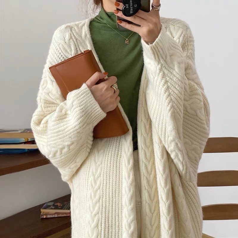 Áo khoác len thừng cardigan dáng dài không cúc đen trắng