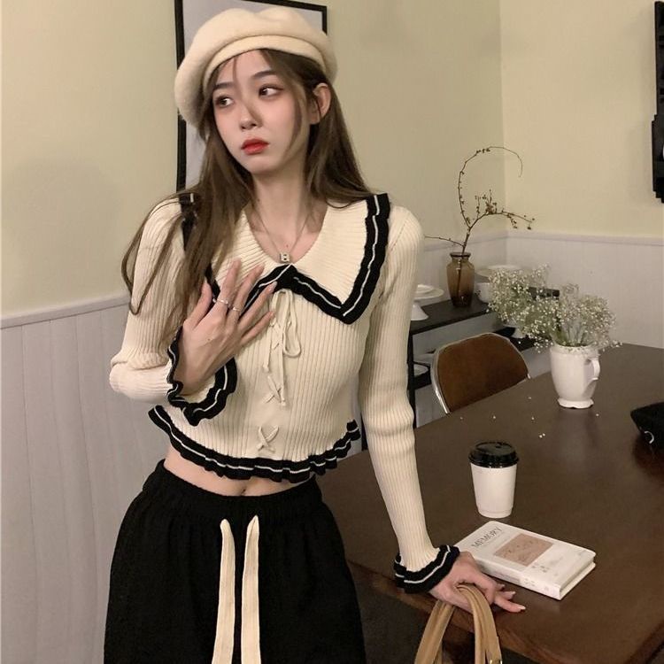 Áo Sweater Dệt Kim Tay Dài Phối Bèo Thiết Kế Hợp Thời Trang