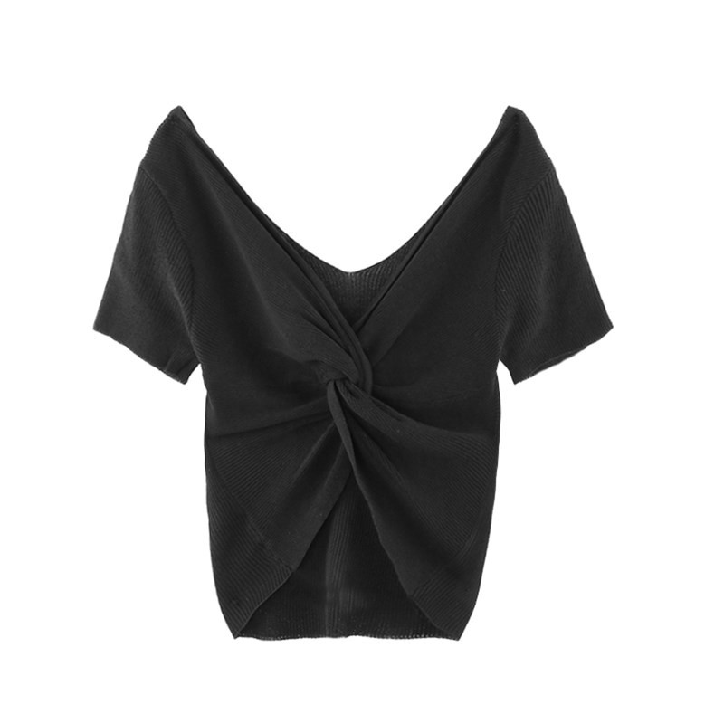 Áo Croptop Dệt Kim Tay Ngắn Thiết Kế Trễ Vai Quyến Rũ