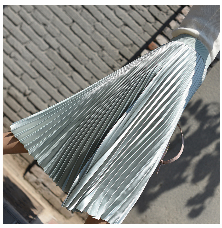 Chân Váy Dáng Chữ A Xếp Ly Vải Satin Phong Cách Hàn Quốc