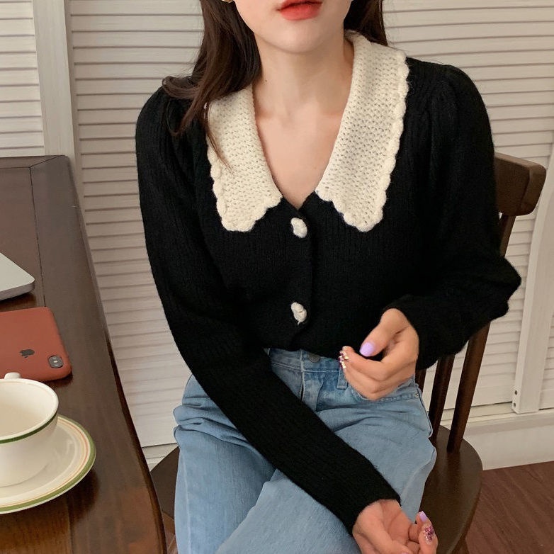 Áo Khoác Cardigan Dệt Kim Cổ Búp Bê Màu Xanh Dương Phong Cách Retro Thời Trang Thu Đông Cho Nữ