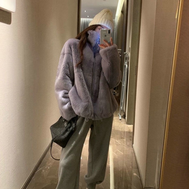 Áo khoác giả lông thỏ dáng rộng phong cách thu đông Hàn Quốc mới 2021
