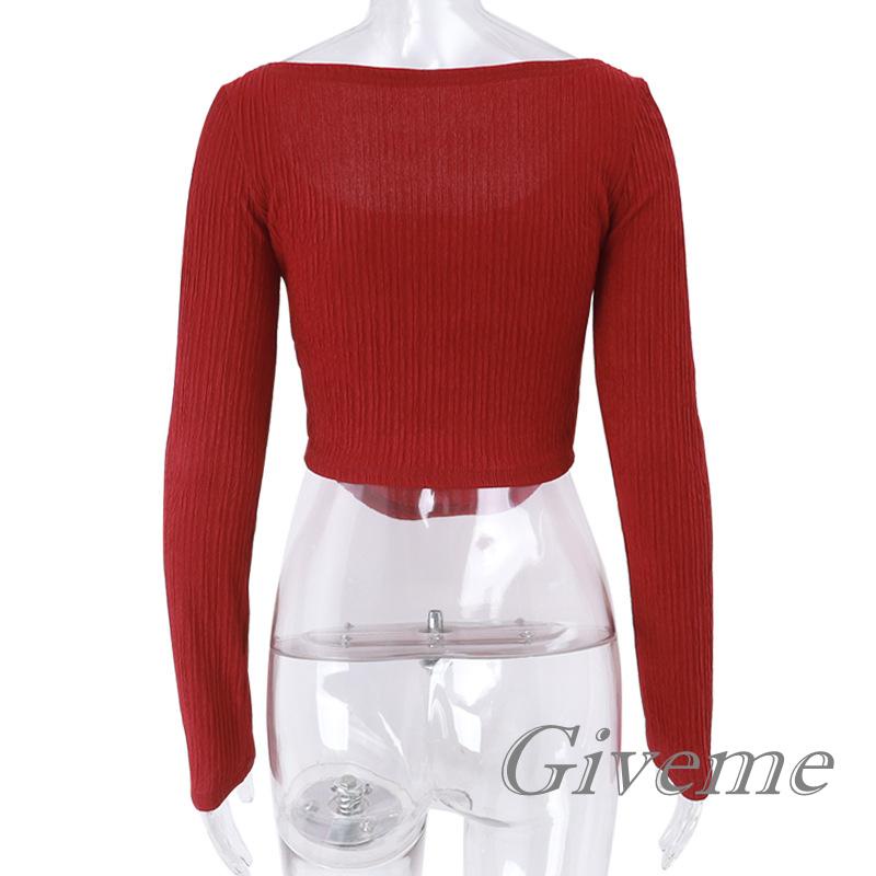 Áo Crop Top Nữ Tay Dài Cổ Vuông Màu Trơn Phong Cách Đường Phố