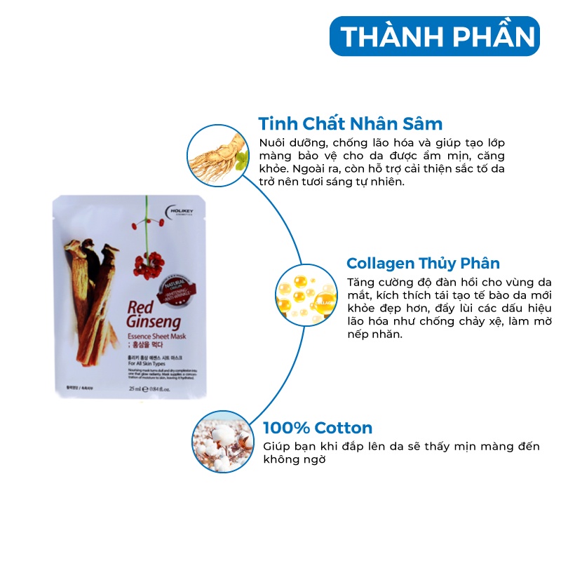 Mặt nạ giấy - Mặt nạ dưỡng da Hồng Sâm trẻ hóa làn da &amp; cấp ẩm Holikey Hàn Quốc [Hộp 10 Túi / Hàng Nhập Khẩu Hàn Quốc]