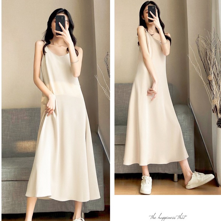 Váy lụa 2 dây suông ulzzang dáng dài maxi đi biển chất lụa cao cấp dày dặn,siêu đẹp - Hàng mới về
