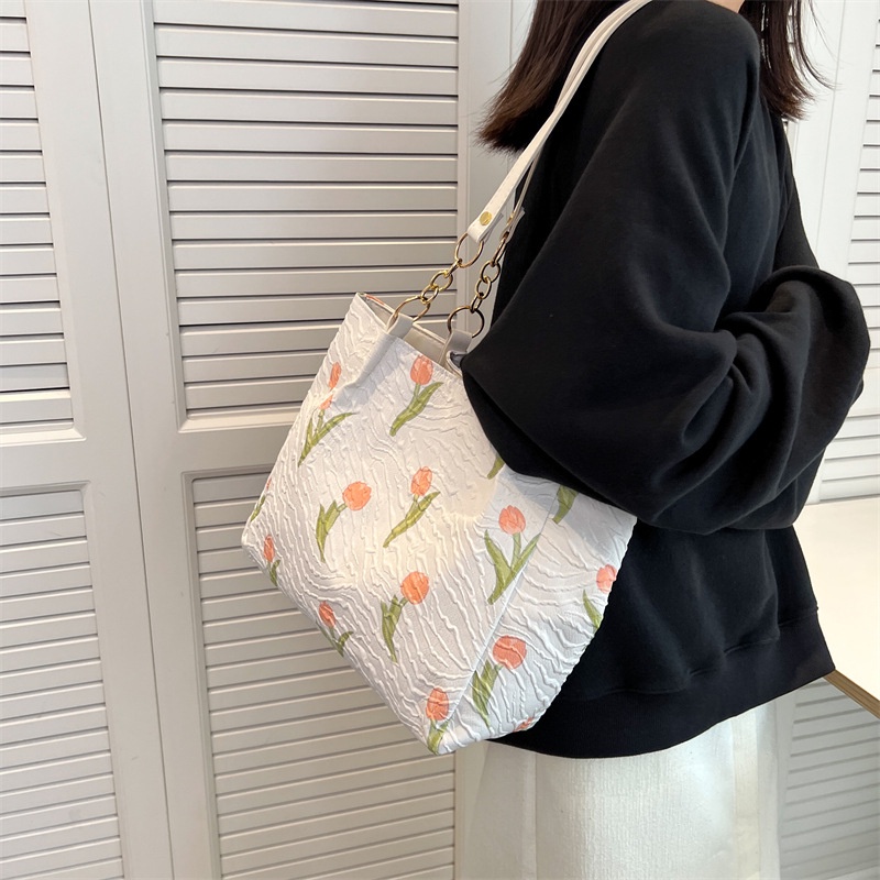 Túi Đeo Vai Vải Canvas Cỡ Lớn In Hình Hoa Tulip Kiểu Hàn Quốc Thời Trang Mùa Hè 2022 Cho Học Sinh