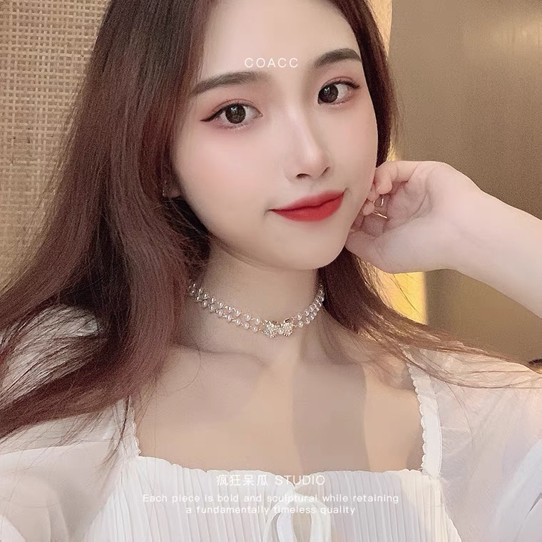 Vòng cổ Hai Lớp Thắt Nơ Đính Ngọc Trai Thời Trang Dành Cho Nữ