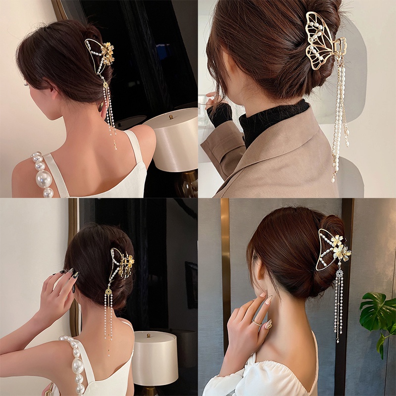 Kẹp Tóc Kim Loại Hình Cá Mập Đính Ngọc Trai Giả Phong Cách Hàn Quốc