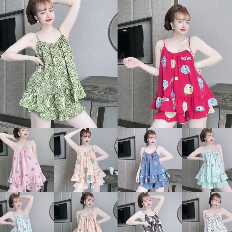 Bộ Ngủ Lụa 2 Dây Nữ Lụa mango dây quần bèo + quần satin, freesize 40_70kg, tuỳ chiều cao