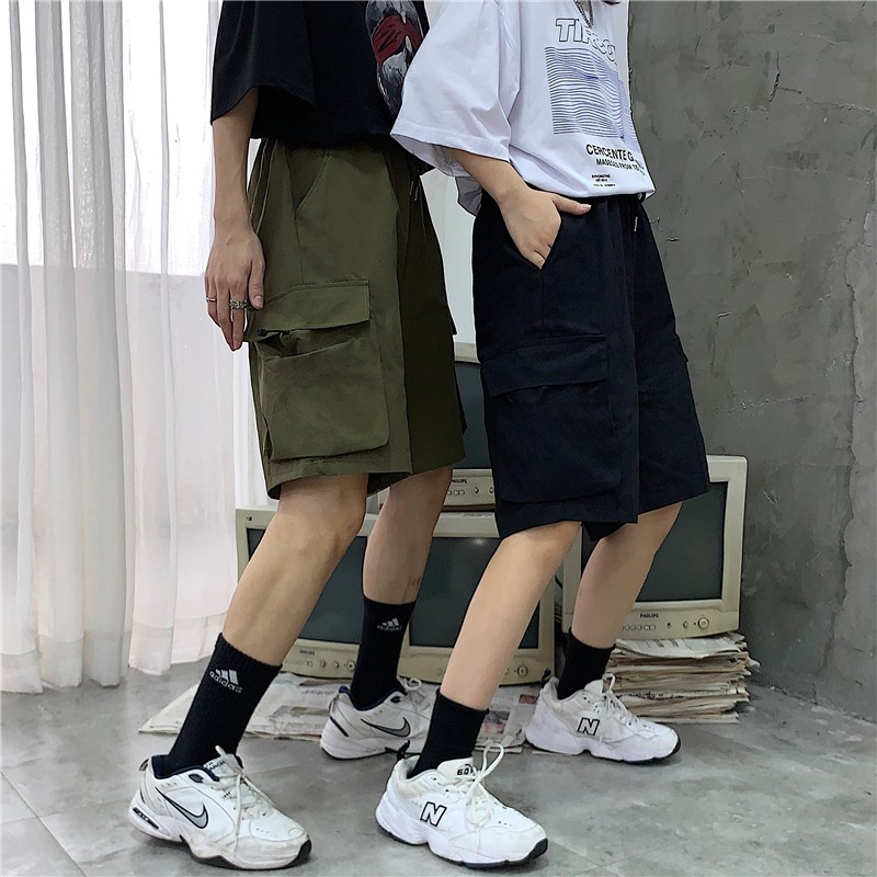 Quần Short Jean Phối Túi Lớn Kiểu Harajuku Cá Tính Cho Nam Và Nữ