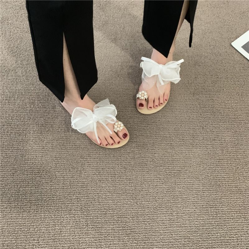 Giày Sandal Gót Thấp Hở Ngón Đính Nơ Phong Cách Thời Trang Xuân Hè Dành Cho Nữ