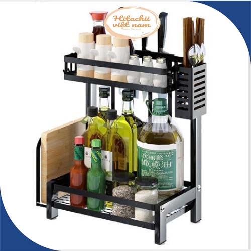 Kệ gia vị thép đen đa năng 2 tầng có ống cắm đũa và giá để thớt đa năng tiện dụng, Kệ nhà bếp đa năng 2 tầng