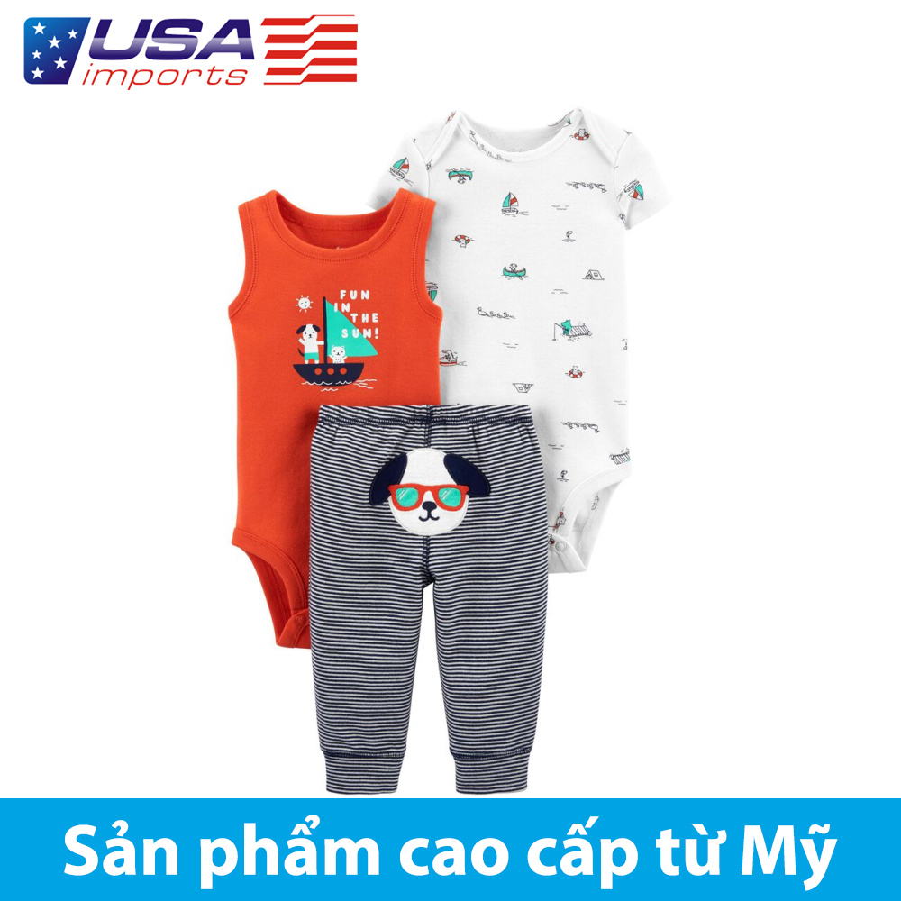 Set 3 món bodysuit sát nách kèm quần mông thú Sailboat Car-tờ Auth Từ Mỹ (1K442710)